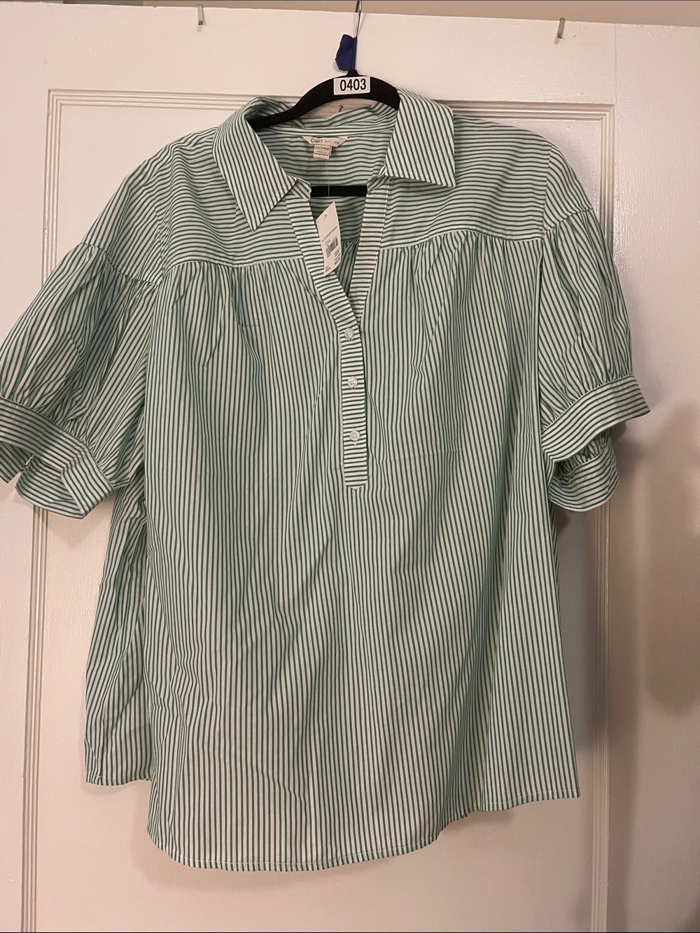 Cato Green and White Striped Button-Front Popover Shirt